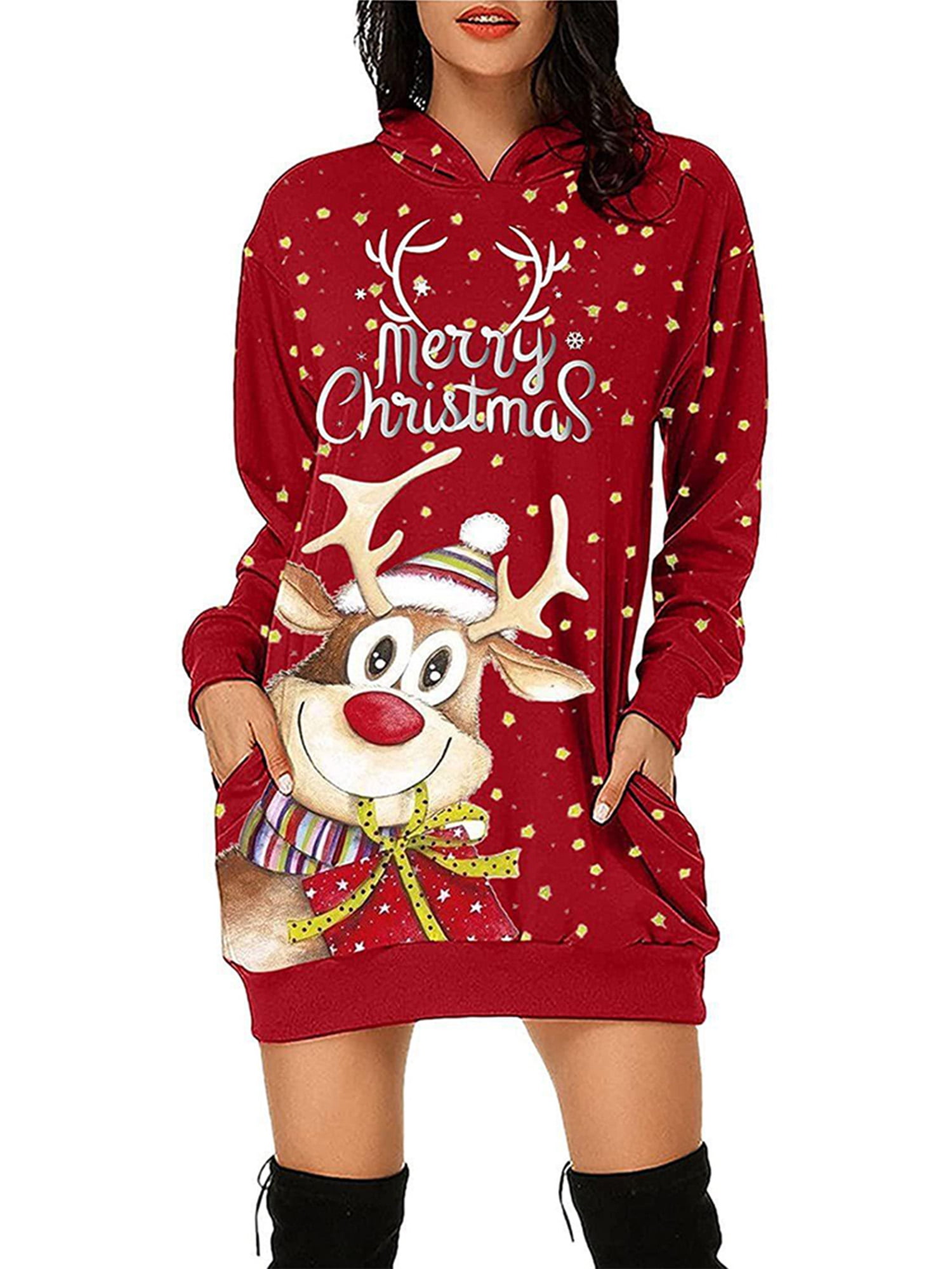hooded christmas reindeer and snowflake print hoodie