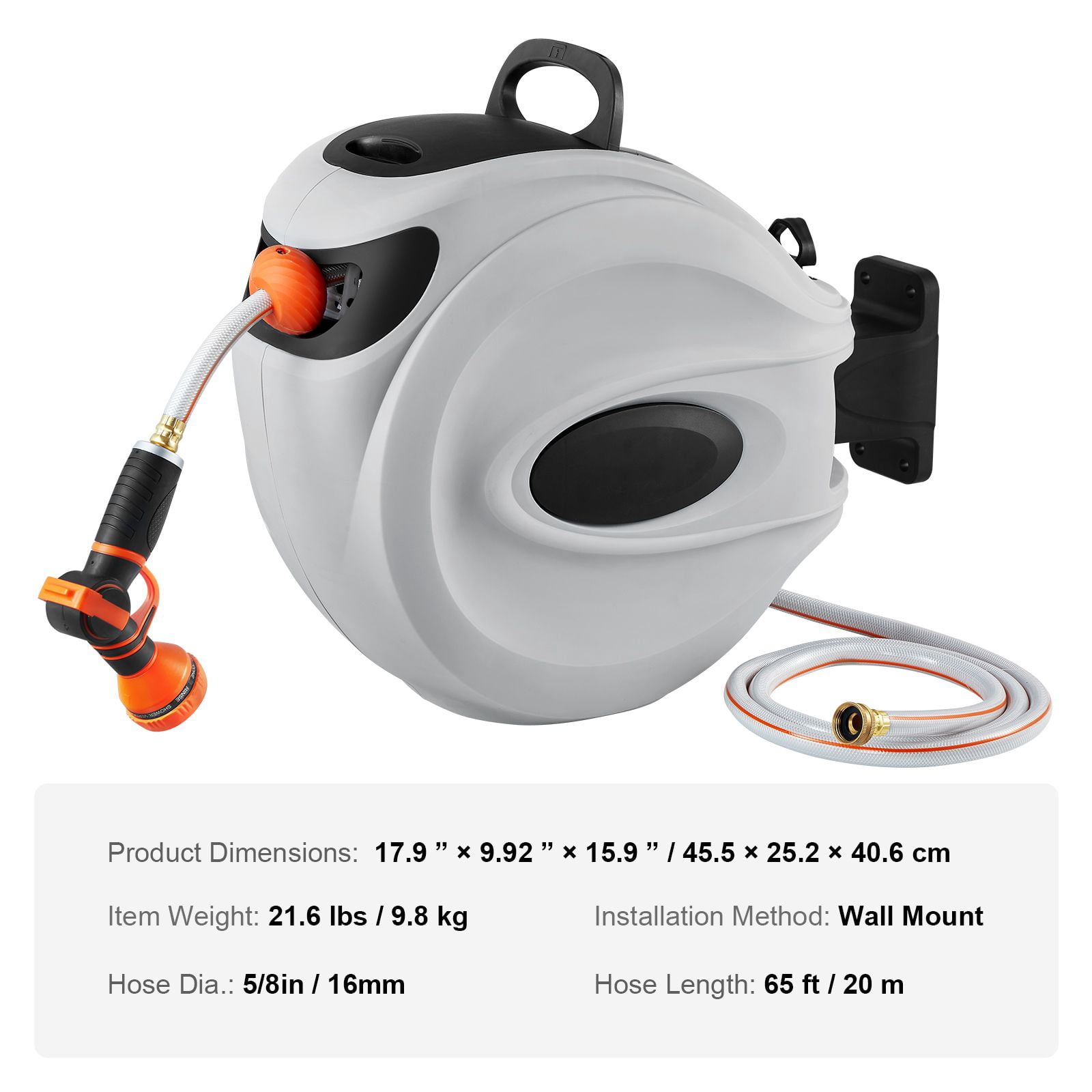 Retractable Hose Reel 65 ft x 5/8", Wall Mounted with 180° Swivel, 9-Pattern Nozzle, Auto Rewind