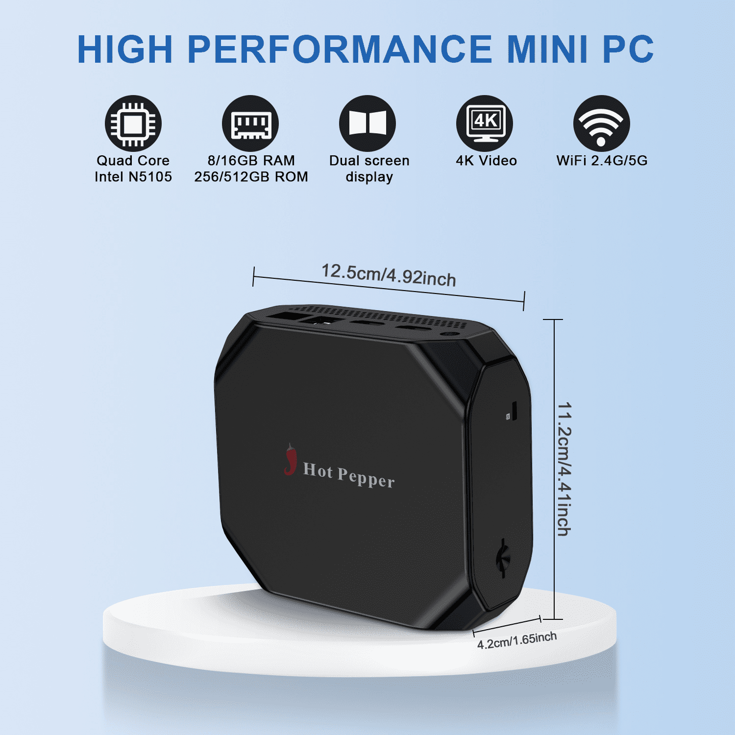Hot Pepper RM10 Mini PC N100 8GB DDR4 RAM + 256GB SSD ROM 5G + 2.4G Wifi Wireless 5.1 4K 60Hz M.2 2280 Pcle3.0X4 Slot Mini Computer
