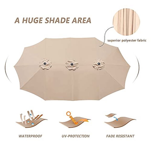 Bigroof 15ft Double-Sided Patio Umbrella Twin Extra Large Umbrella with Crank Handle & Umbrella Base for Outdoor Patio Garden Market Pool Backyard, Beige