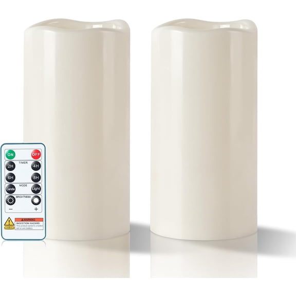 Homemory 4" x 8" Outdoor Flameless Candles, Waterproof LED Pillar Candles with Remote. Long Lasting, Large, Set of 2