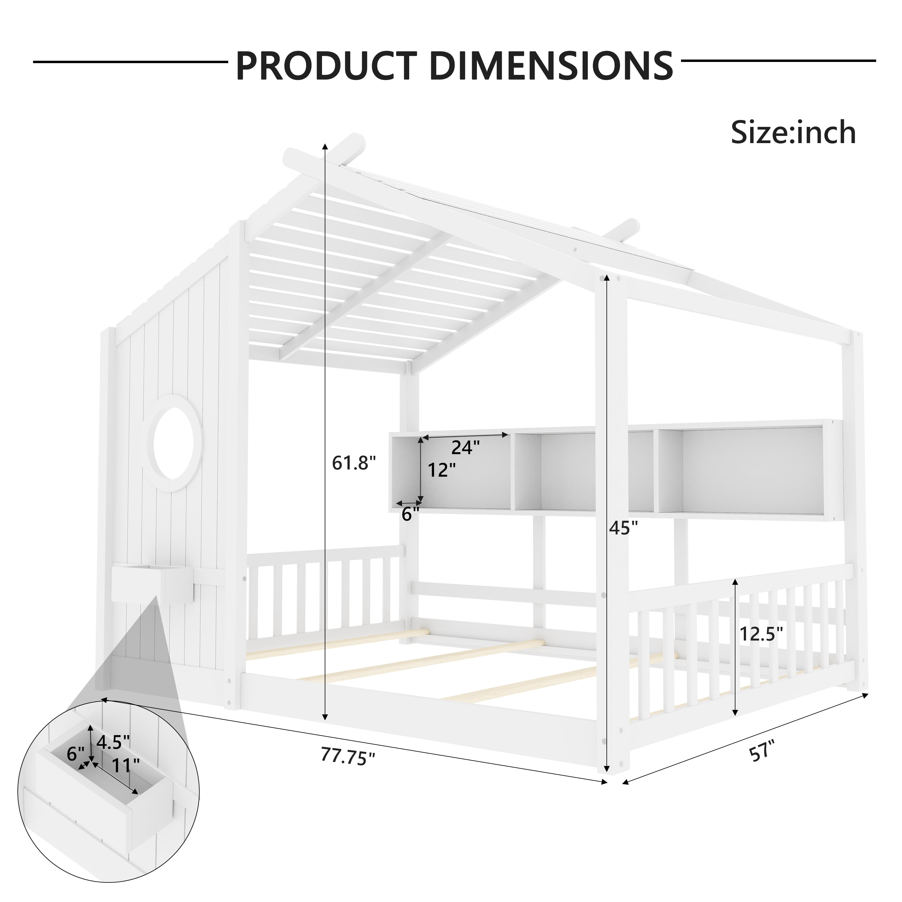 Euroco Wood Full Size House Bed with Cabinets, Floor Bed with Roof Design and Storage Shelves, White