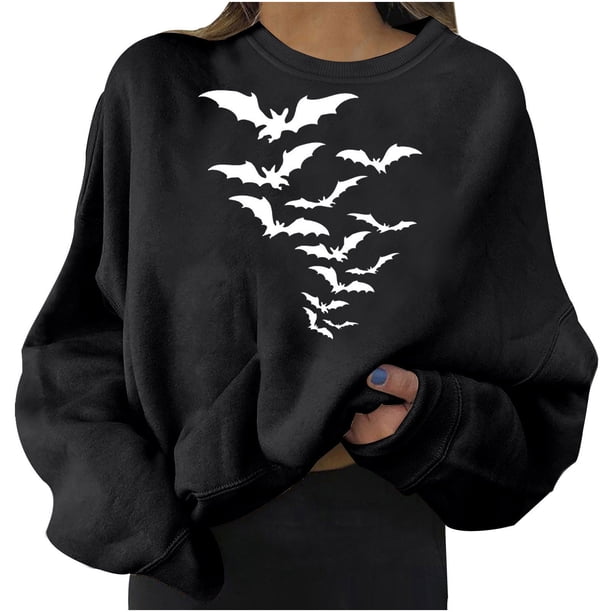 Halloween Mujer Moda Casual Estampado Cuello Redondo Suelto Manga Larga Tops Cortos Blusa Sin Capucha Sudaderas Pompotops FGAJ19969