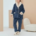 thumbnail image 2 of Homgo Women's Long Sleeve Shirt Pants Set Cute Soft Fuzzy Fleece Pajama Set 2 Piece Pjs Shawl Collar Double Breasted Button Front Winter Warm Baggy Oversized Fluffy Plush Lounge Set Navy Large, 2 of 5