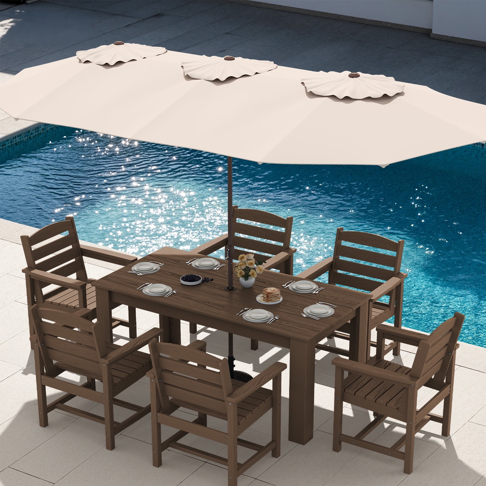 SERWALL 10-Piece Outdoor Dining Set, 2 Rectangle 59" Dining Tables with Umbrella Holes and 8 Patio Dining Chairs with Umbrella Hole for Garden, Deck, Poolside, Brown