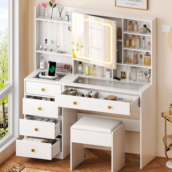 Ktaxon Large 47.2" Makeup Vanity with 3 Color Lights, Vanity Desk with USB Charging Station, Vanity Makeup Table with Visible Drawers, Hidden and Open Storage Shelves, White