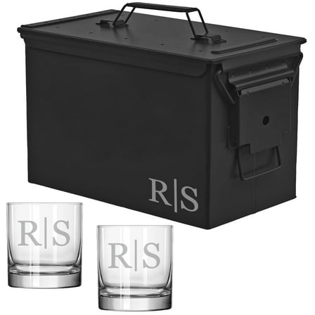 ROLYAD 50 Caliber Ammo Box Metal Ammunition Case Steel Storage Can with 11oz Rocks Whiskey Glasses (Monogram Line Letters), Black