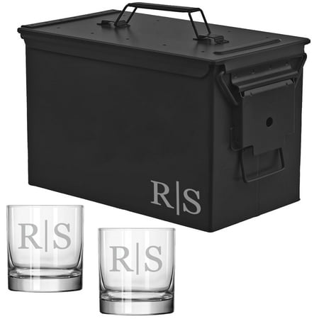 ROLYAD 50 Caliber Ammo Box Metal Ammunition Case Steel Storage Can with 11oz Rocks Whiskey Glasses (Monogram Line Letters) Black