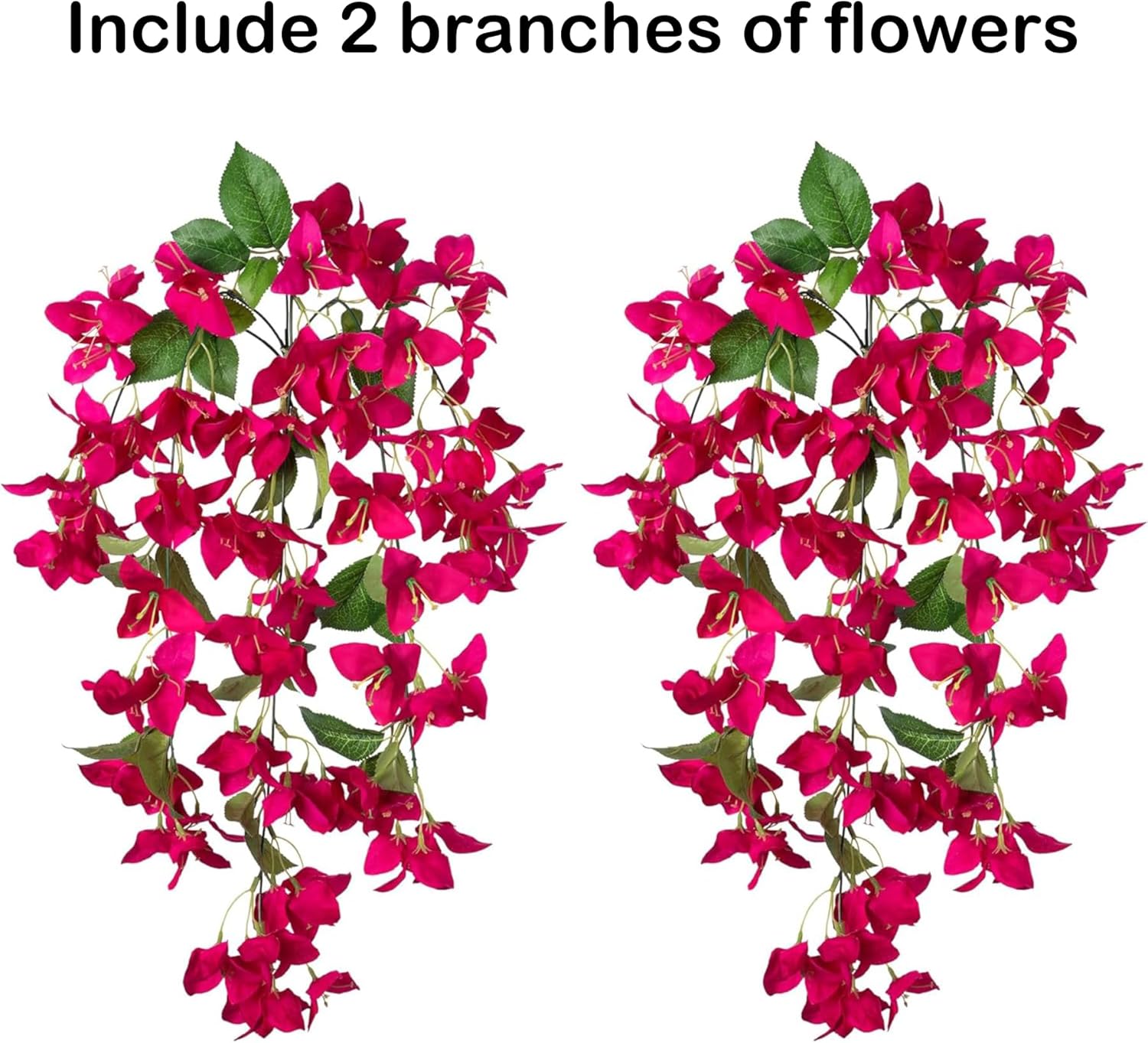 2Pack Artificial Bougainvillea Flowers, Faux Silk Long Vines Hanging Plants for Outdoor Decor, UV Resistant Realistic Fake Flowers for Porch, Patio, Balcony, Yard, Home Summer Decoration, Red Rose