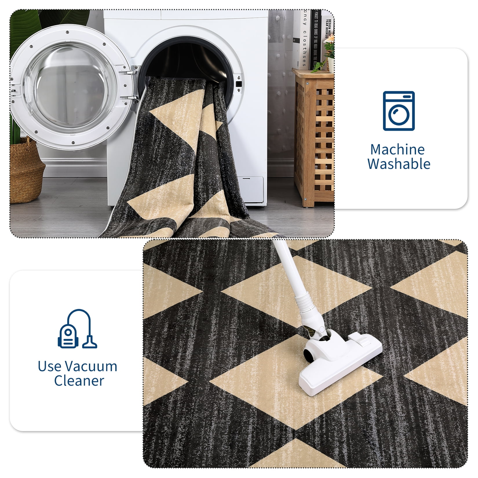 Garvee 8x10ft Geometric Diamond Area Rug, Machine Washable Rug Stain Resistant Indoor Carpet With Non-Slip Backing, Soft Low Pile Rug for Living Room Bedroom Home Office, Black Camel