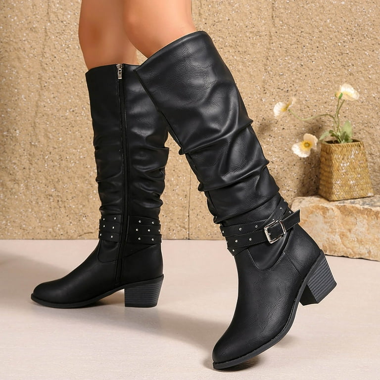 Women's Slouchy Knee High Boots Chunky Heel Buckle Winter Long