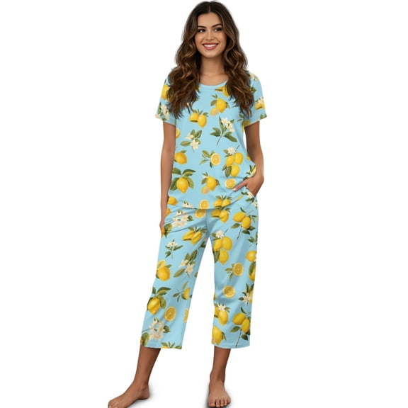 DISNIMO Lemon Floral Printed Women's Short Sleeve Pajama Sets Soft Sleepwear Summer 2 Piece Pjs Set Short Sleeve Tops and Capri Pant Lounge, S