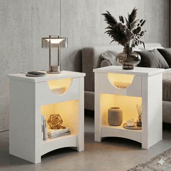 Bestier White Nightstands Set of 2 with Charging Station, Modern LED End Table Bedside Table with Drawer for Bedroom, Living Room, Home Office
