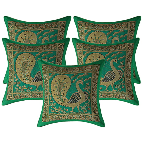 Stylo Culture Indian Decorative Sofa Pillow Covers Dancing Peacock Floral Emerald Green And Gold Throw Pillow Covers 12x12 Jacquard Weave Banarasi Zippered Brocade 30x30 cm Cushion Covers (Set Of 5)