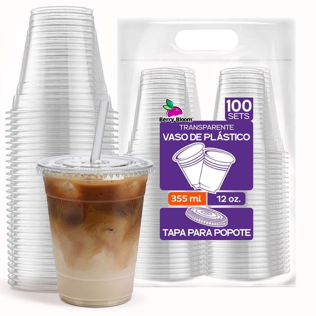100 Vasos de Plástico 12 oz (355 ml) con Tapa Plana para Popote - Vasos Transparentes para Bebidas Frías - Kit de 100 Vasos y 100 Tapas