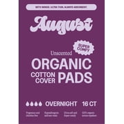 August Organic Cotton Cover Pads with Wings, Overnight, Unscented, 16 Count