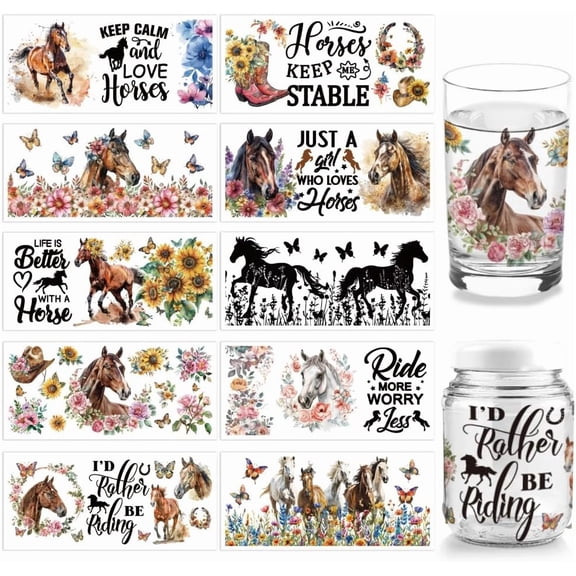 10 Sheets Horse UV DTF Cup Wrap for 16OZ Glass Keep Calm and Love Horses Rub on Decals Butterfly Flower Animal PVC Transfer Stickers for DIY Cups Wood Harness Colorful DIY