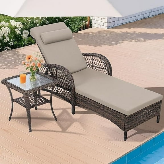 HOMEDIARY Outdoor Wicker Chaise Lounge Chair with Side Table, All-Weather Patio Lounger Chaise Sunbathing Reclining Chairs with Armrest & Pillow, 6-Position Adjustable Rattan Lounger Chair Set, Beige