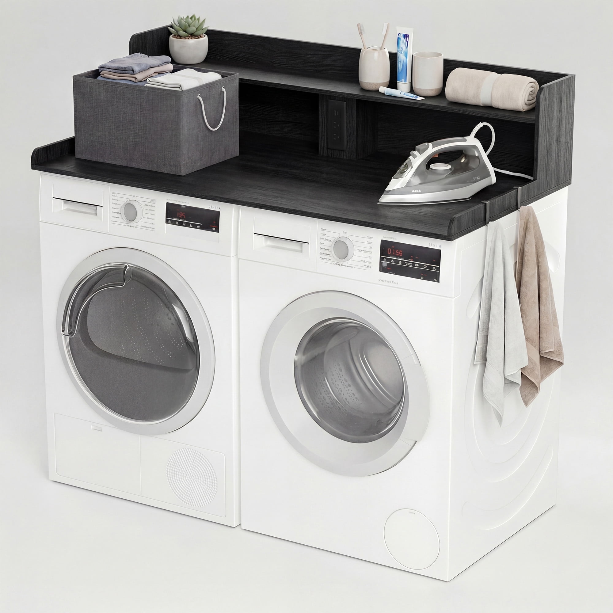 YDN Modern 54" Washer Dryer Countertop with Power Outlet & LED Lights - 2 Tiers Laundry Countertop with Shelf Space, Large Washer and Dryer Topper W/ Storage Basket,Metal Hooks,Non-Slip Pad,Black
