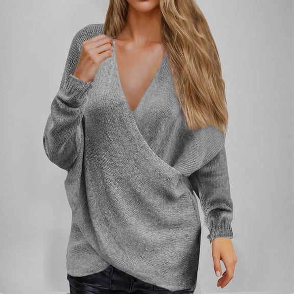 Goodtrade8 Sweaters for Women Plus Size Loose Pullover V-Neck Casual Long Sleeve Solid Color Sweaters for Women Tops