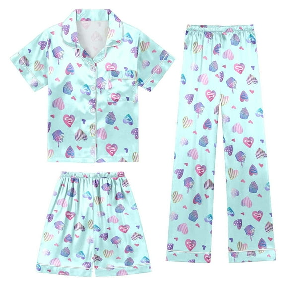 Girls Pajamas 3Pcs Button Down Pjs Short Sleeve Top Shorts & Long Pants Cute Patterns Valentine's Day Pajama Outfit with Pockets Loung Sets Silk Nightwear Lounge Sleepwear for Kids
