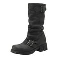 thumbnail image 2 of Women's Mid Calf Leather Slouchy Platform Riding Boots Fold Over Wide Calf Booties Round Toe Slip On Punk Motorcycle Boots Black Size 7, 2 of 8