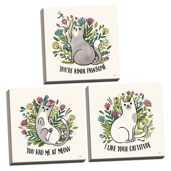 Gango Home Decor Contemporary Purrfect Garden III, IV, & V by Janelle Penner (Ready to Hang); Three 12x12in Hand-Stretched Canvases