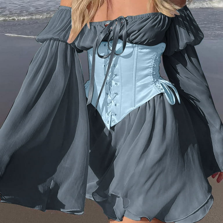 qolati Halloween Dresses for Women Flared Sleeve Off Shoulder Lace Up Corset  Dresses Vintage Renaissance Gothic Mesh Swing Mini Dress 2023 - Walmart.com