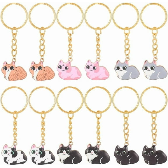 12Pcs Cat Key Chains Bulk Enamel Animal Keychain 6 Style Small Alloy Colorful Kawaii Pet Hanging Iron Keyring Pendant Keychains for Car Key Keychain Bag Purse Party Favors DIY Decoration