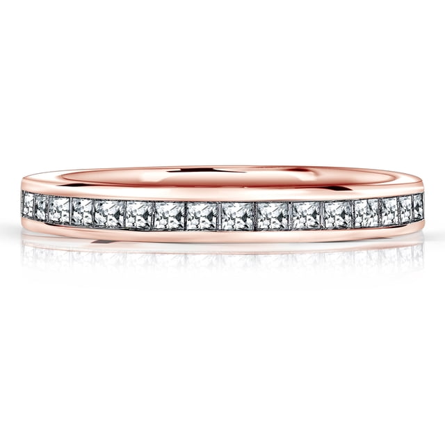 JeenMata Alianza de Bodas de 0,25 Quilates con Piedra Natal de Abril en Corte Princesa: Banda con Canal Pavé, Baño de Oro Rosa de 18 K sobre Plata