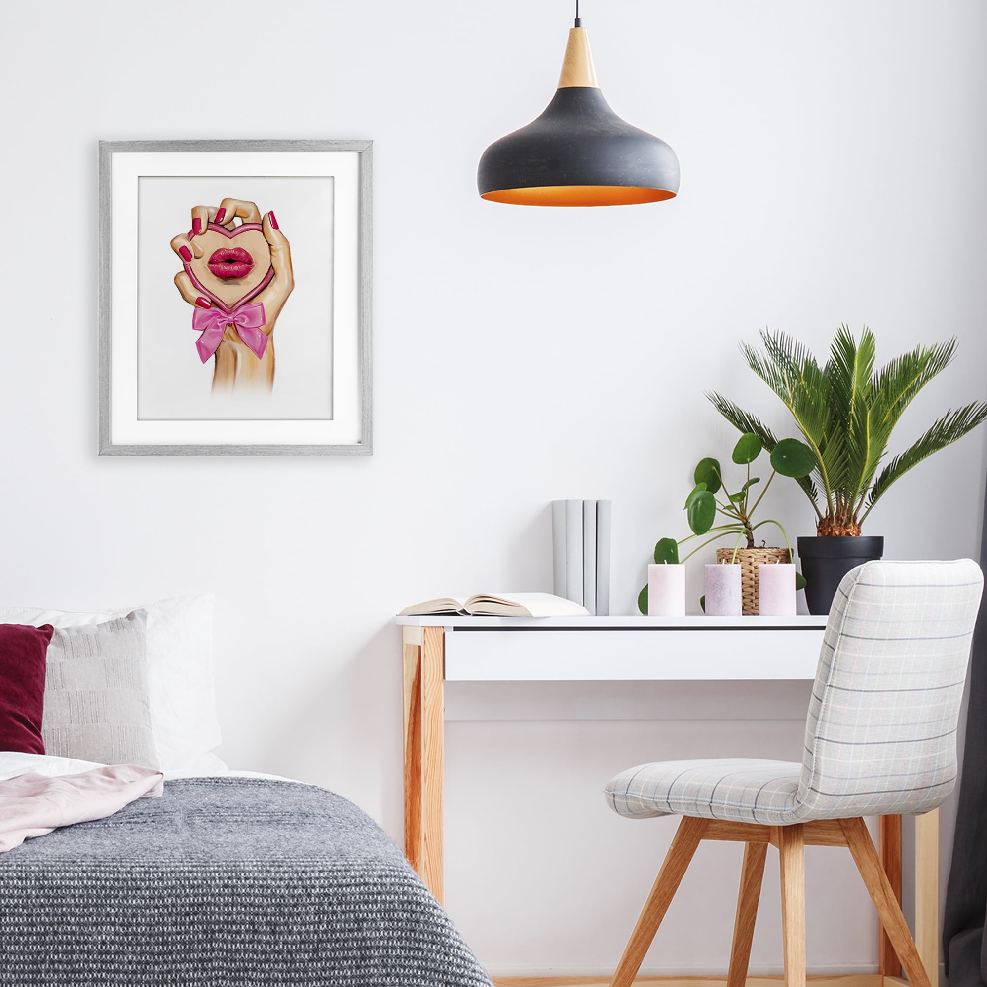 Pink Lips in Mirror Gray Framed Print Under Glass, design by Ziwei Li