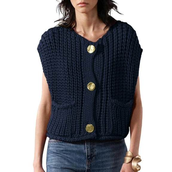 INAWLY Women’s Knit Sweater Vest with Pockets, Loose Fit Sleeveless Cardigan Style with Metal Button Front