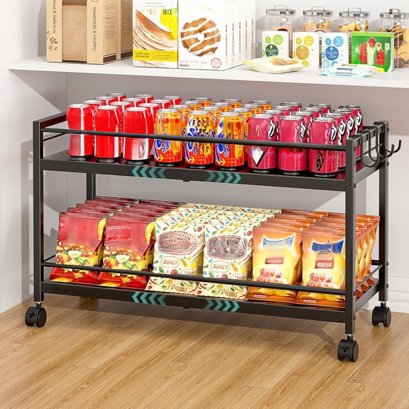 2-Tier Expandable Rolling Pantry Cart with Wheels, Adjustable Kitchen Floor Organizer, Can Snack Food Vegetable Storage Cart, Black for Pantry Cabinet Garage