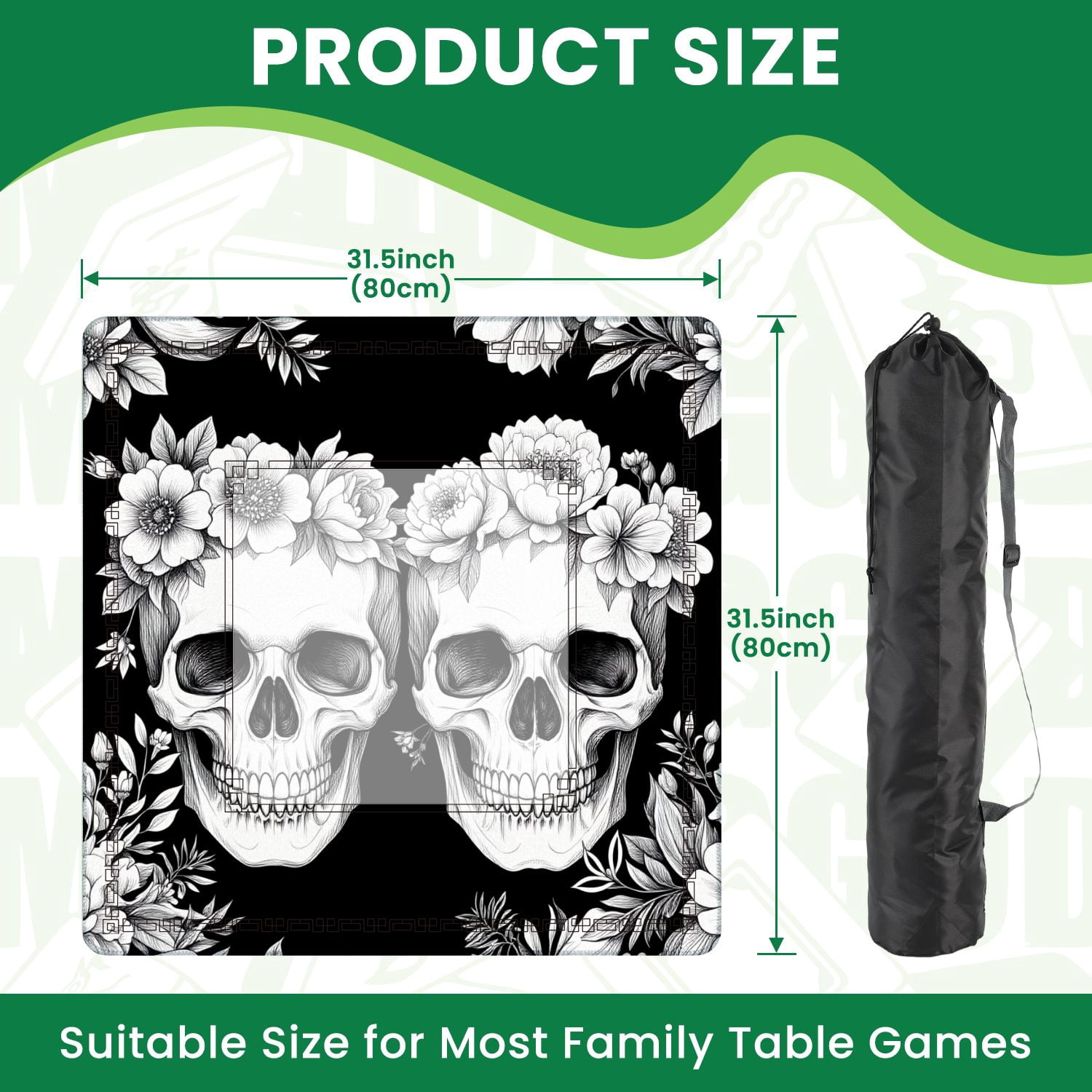 Mahjong Mat 31.5" x 31.5" seamless Wreaths garden flowers skulls Roses peonies Design for Non-Slip Noise Reduction American Mahjong Tiles Table Cover for Dominoes Poker Card Board Games Gift