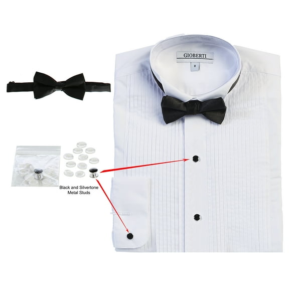 Gioberti Boy's Wing Tip Collar White Tuxedo Dress Shirt with Bow Tie and Metal Studs