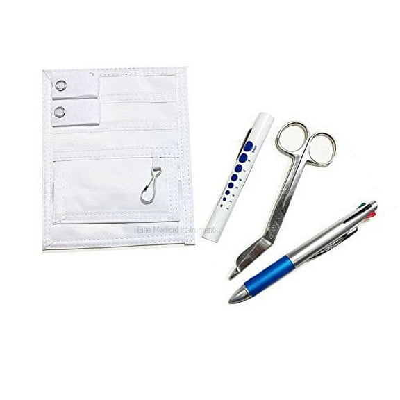 EMI Nurse WHITE Pocket Organizer 4 Piece Kit - Plus Lister Scissors, LED Penlight, and Chart Pen