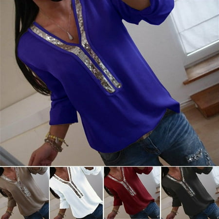 - Urkutoba Women's V-neck Chiffon Shirt Blouse Casual Loose Sequin Top T-Shirt Size L-5XL