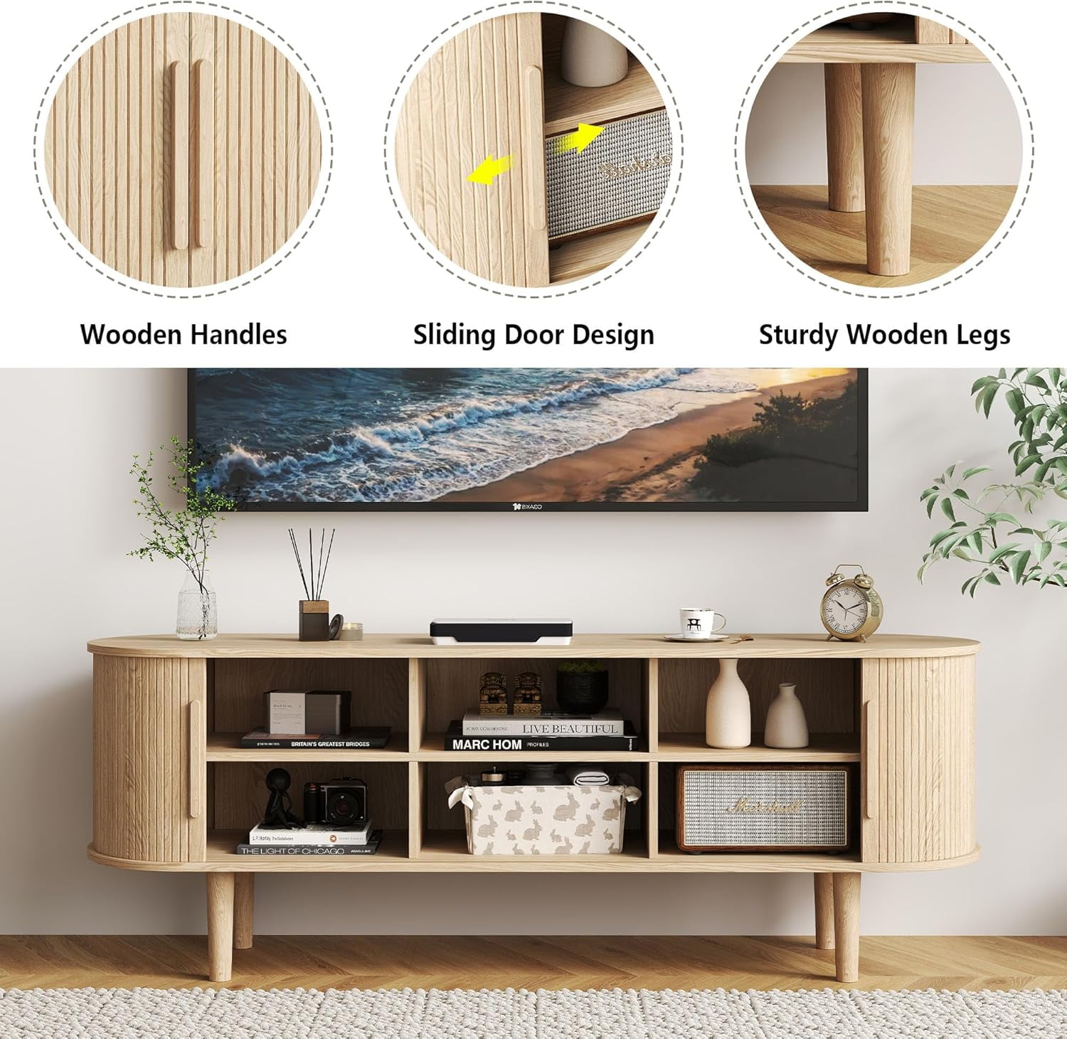 60" TV Stand with Tambour Door,Wood Entertainment Center with Storage and Shelves, FlutedTV Console Table for Living Room, Bedroom (Natural)