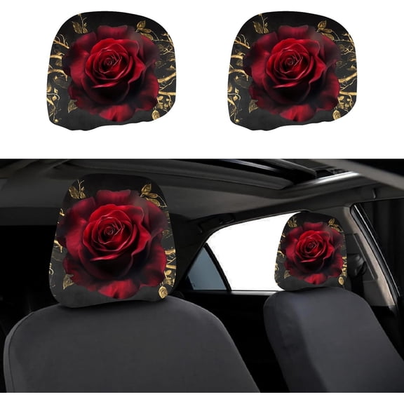 2Pcs Car Seat Headrest Cover Universal Headrest Covers Red Rose Soft Breathable Car Head Rest Cover Protector Headrest Accessories for Most Automobile Truck Auto Sedan Decorative 11x10Inch Gold