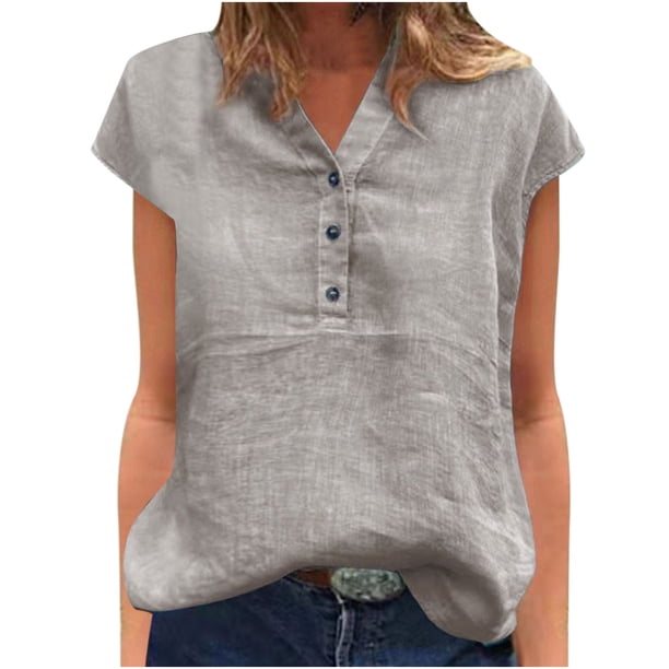Tops transpirables sólidos de manga corta con cuello en V a la moda para mujer Fridja hjk4476