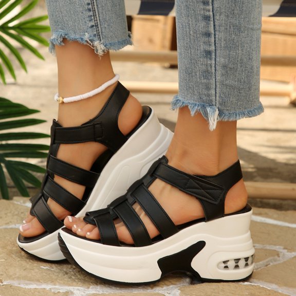 KEVCHE Womens Wedge Heel Closed Toe Hollow Cushion Platform Sandals with Velcro, Breathable Hollow Out Wedge Sandals, Adjustable Walking Shoes for Women