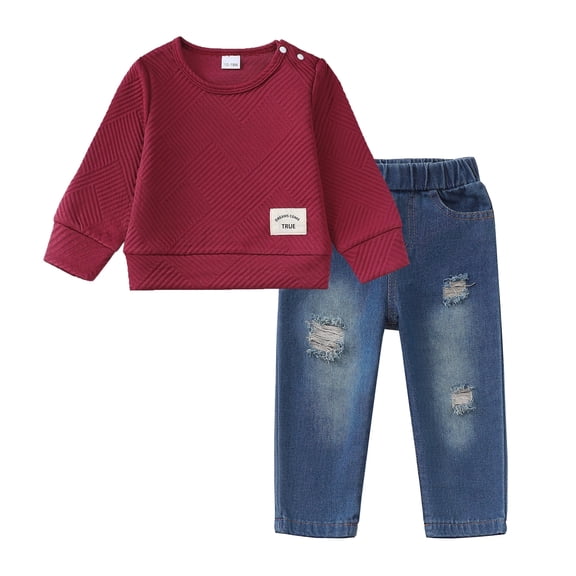 4T Baby Boys Clothes 5T Boys Fall Winter Pant Set Toddler Boys Long Sleeve Round Neckline Top Jeans Pants 2PCS Outfits Set Red