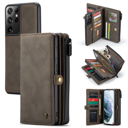 Galaxy S21 Ultra Wallet Case, Dteck Multi-Functional Frosted Leather Purse Flip Cover Zipper Wallet Case with 17 Card Slots & Detachable Magnetic Phone Case for Samsung Galaxy S21 Ultra 5G, Brown
