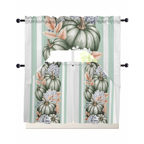 Green Pumpkin Fall Swag Curtains for Living Room/Bedroom Windows, Striped Thanksgiving Botanical Kitchen Curtains and Valances Set 36 Inch Length, Light Filtering Swags Valance Curtain Panels