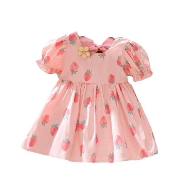 LUOGENLI Robe Fillette Tout-Petits Manches Courtes Imprimés Fraises Robe Princesse Robe de Danse Fête Robes Vêtements Robe de Pâques pour Filles 2025 12-18 Mois