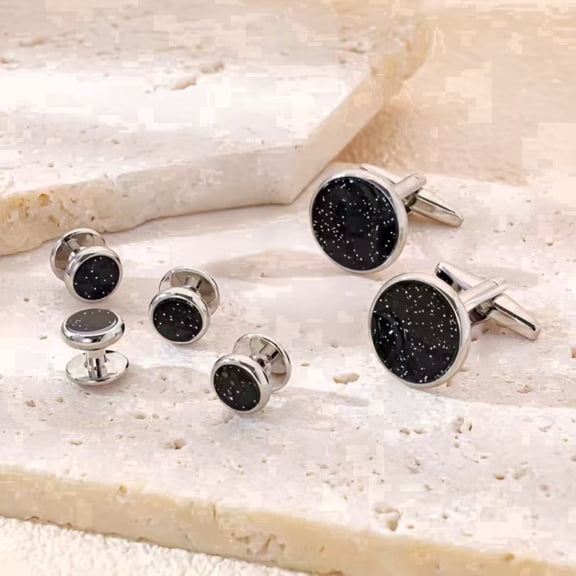 HOMILOOP Cufflinks Set for Men Women, Suitable for Wedding Anniversary Business Party Events Tuxedo Dress Shirt, Blue Sandstone with Silver Edge, 6 Pieces