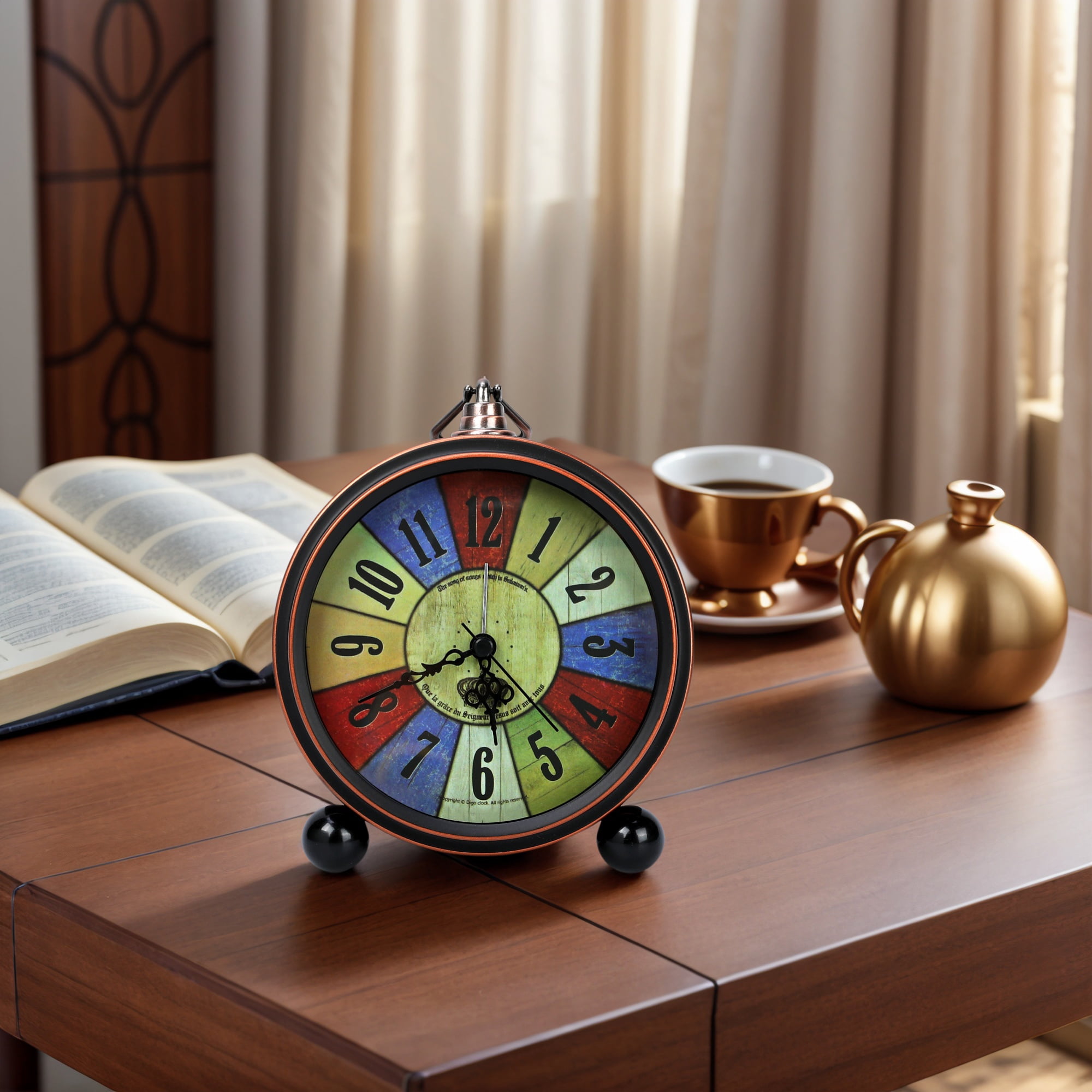 REGALWOVEN Vintage Mechanical Alarm Clock, Metal Casing, with Spherical Base, Ideal for Bedroom Nightstand Crown Pattern 5.3"L x 1.8"W x 7.5"H