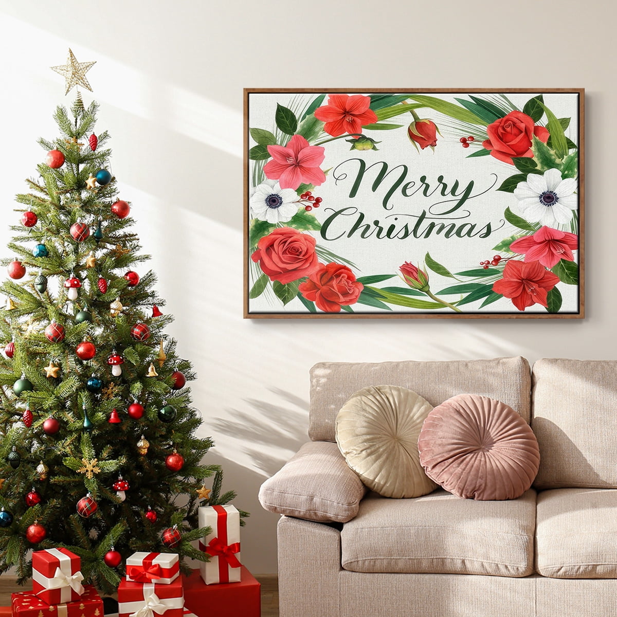 Christmas Flora Wreath Collection A - Framed Gallery Wrapped Holiday Canvas - 27 x 41 - Rosewood Frame