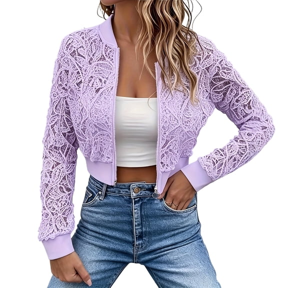 WAGUTH Women's Floral Lace Cropped Bomber Jackets Stand Rib Collar Full Zip Sheer Hollow Out Cardigan Jackets for Club Party Outfits,Purple,XL