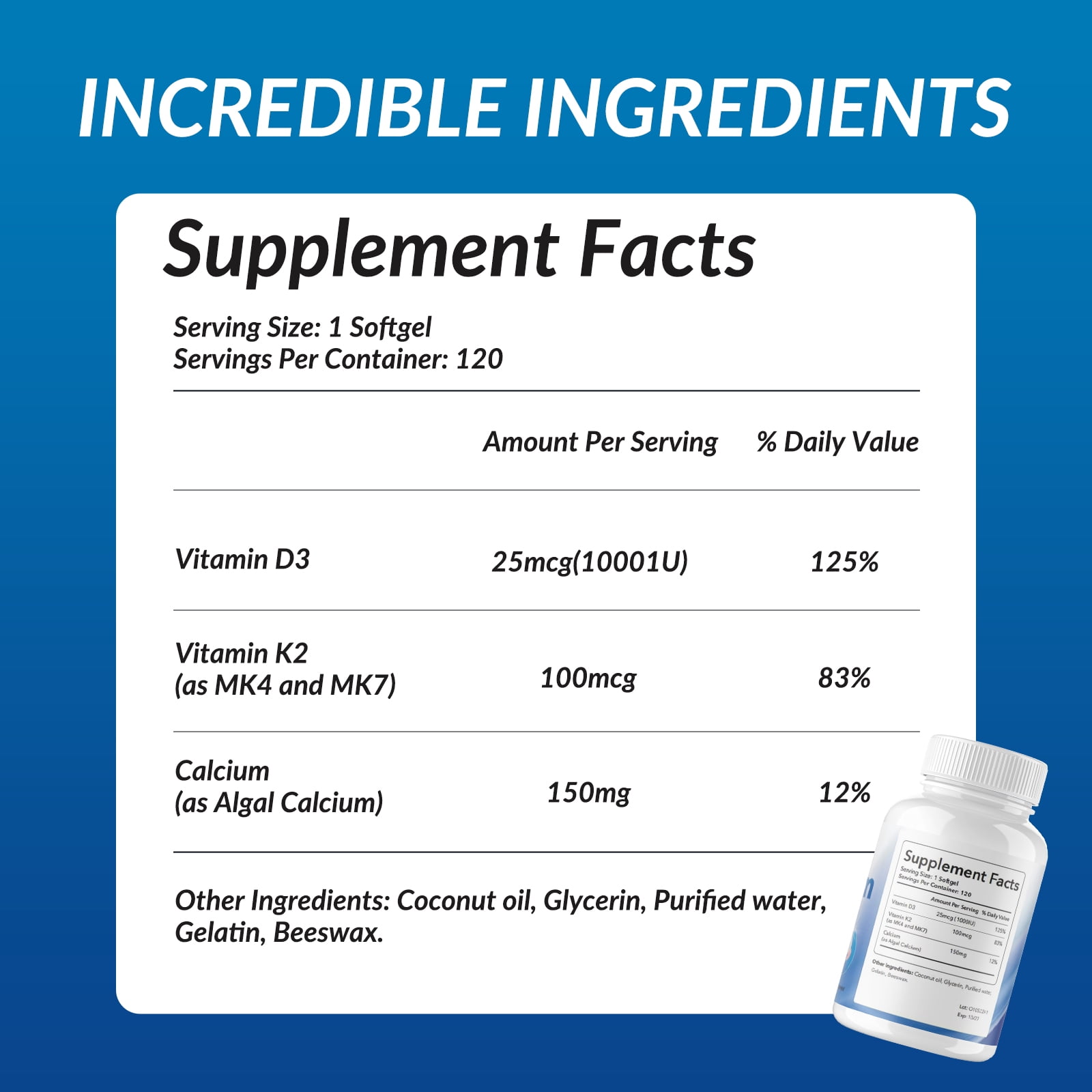 Liife Calcium Vitamin D3 K2(MK7+MK4) 1000 IU, 120 Coconut Oil Softgels - Contains Algae - Supports Bone Health, Joint Support, and Cardiovascular Health - Gluten-Free, Non-GMO